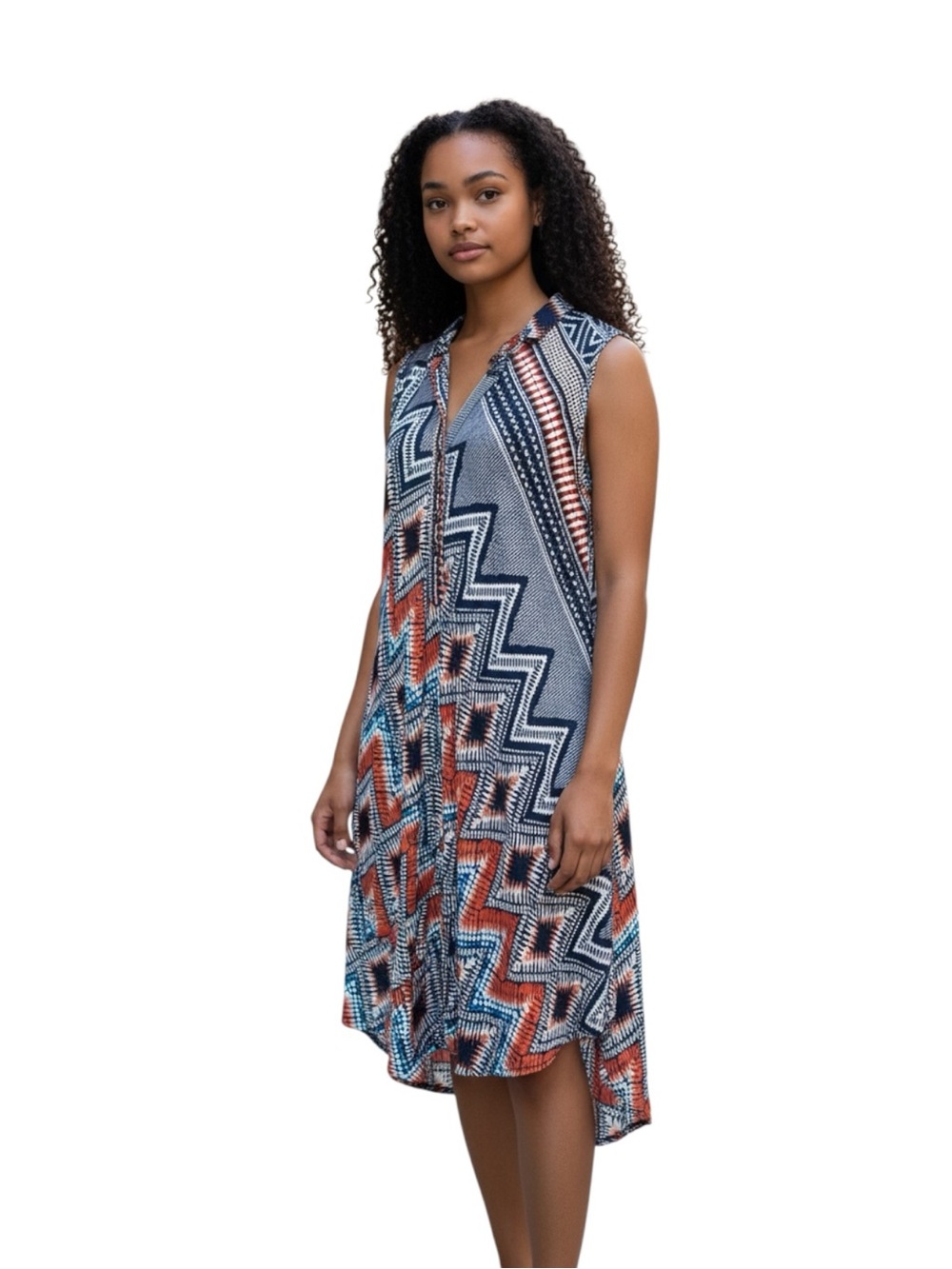 Papillon Sleeveless Geo Chevron V-Neck Dress in Navy, Rust & White Size S